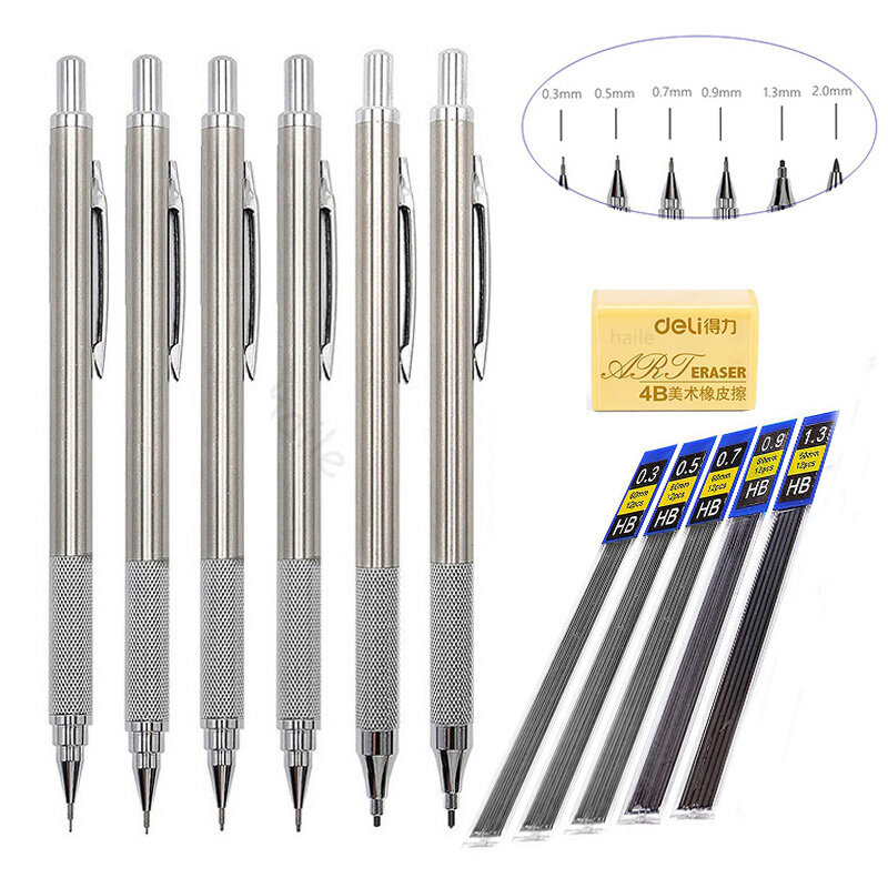 Haile-zestaw ołówki mechaniczne, metalowy ołówek z wkładem ołowiowym, 0.3 0.5 0.7 0.9 1.3mm HB do rysowania, pisania, szkicowania
