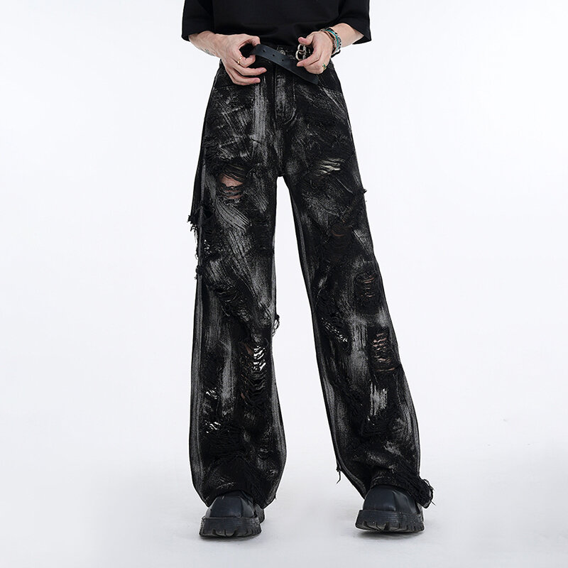 FEWQ-Jeans Graffiti de perna reta masculino, jeans de verão, calça de rua alta, novo buraco da moda, 24X9057, 2024