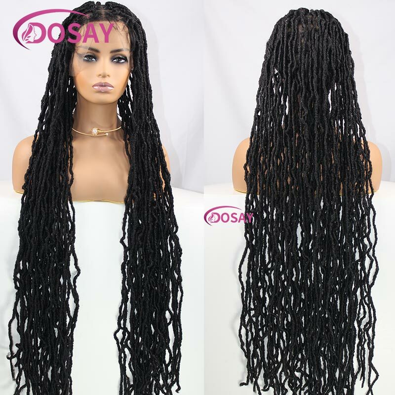 Peruca sintética cheia de renda trançada para mulheres, cabelo natural crochê, peruca longa encaracolada, trança artificial, preto, 40"