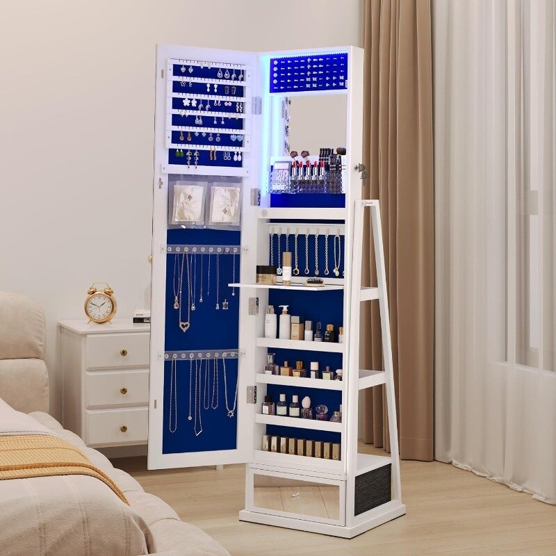 Jewelry Cabinet with LED Light - 360° Swivel Standing Full Length Mirror with Storage, Lockable Jewelry Armoire Organizer
