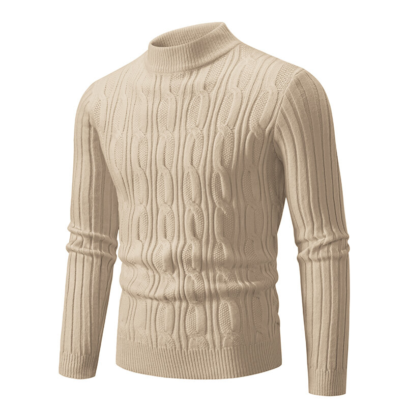 Sweater Jacquard tenun pria, pakaian rajut hangat lengan panjang kasual kerah setengah tinggi warna polos