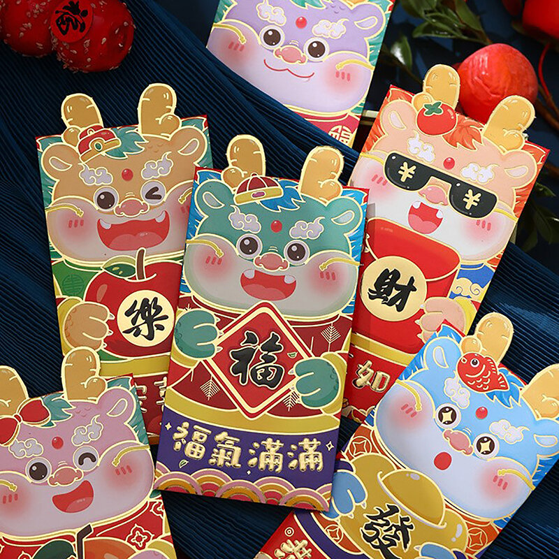 Paket kartu hadiah anak-anak, 6 buah 2024 Tahun naga Cina kartun beruntung merah kreatif Festival Musim Semi amplop uang merah