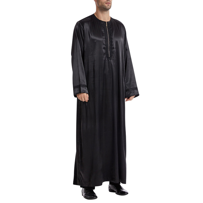 Jubba thobe เสื้อคลุมแขนยาวของผู้ชายมุสลิมสีพื้นระบายอากาศ2024คอกลมมีซิปเสื้อคลุมของผู้ชายอาหรับ