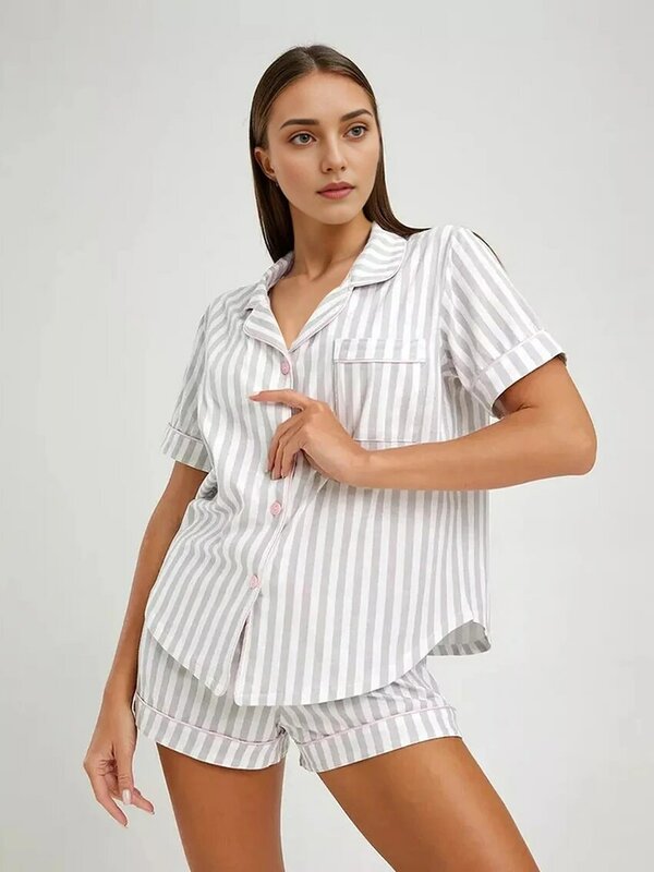Marthaqiqi Casual Striped Female Pajamas Suit Sexy Turn-Down Collar Sleepwear Short Sleeve Nightwear Shorts Summer Nightgown Set