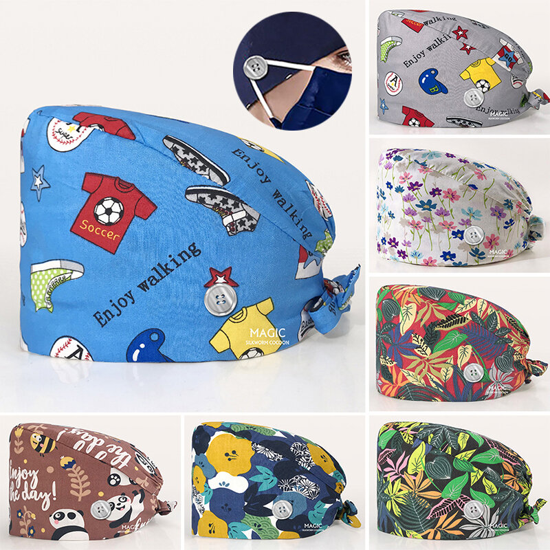 Casual Floral Soft Hat Printing Nurse Sweat-absorbent Head Wrap Towel Surgical Anti-Dirty Pure Cotton Cap With Button Scrub Cap