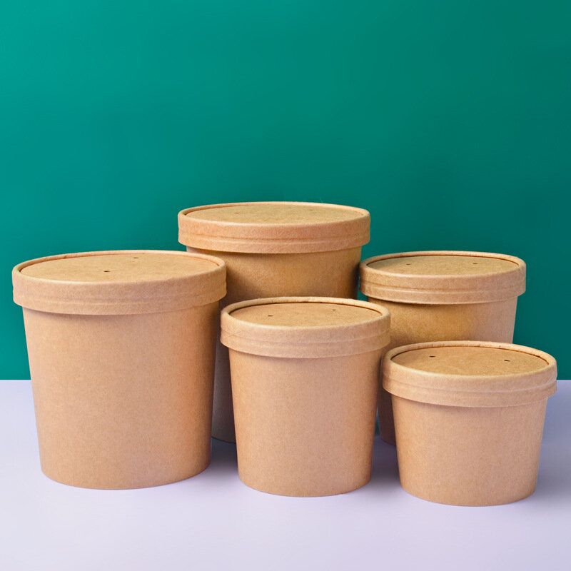 Customized product0011 Custom Printed Disposable Food Packing Take Away Kraft Paper Salad Noodles Soup Bowls with Lid