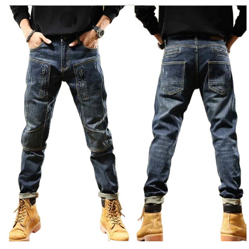 Spring Autumn American Styles Men Jeans Multi Zipper Hollow Slim Fit Splicing Denim Pants