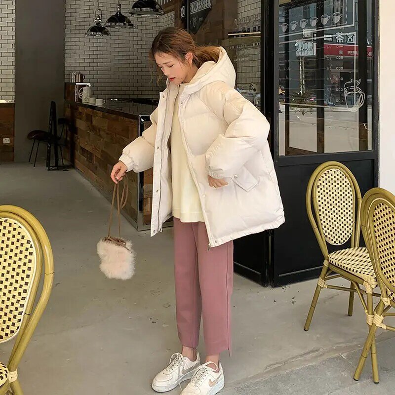 여성 코튼 오버코트 다운 재킷, 루즈핏 패딩, 짧은 스타일, 겨울 패션
