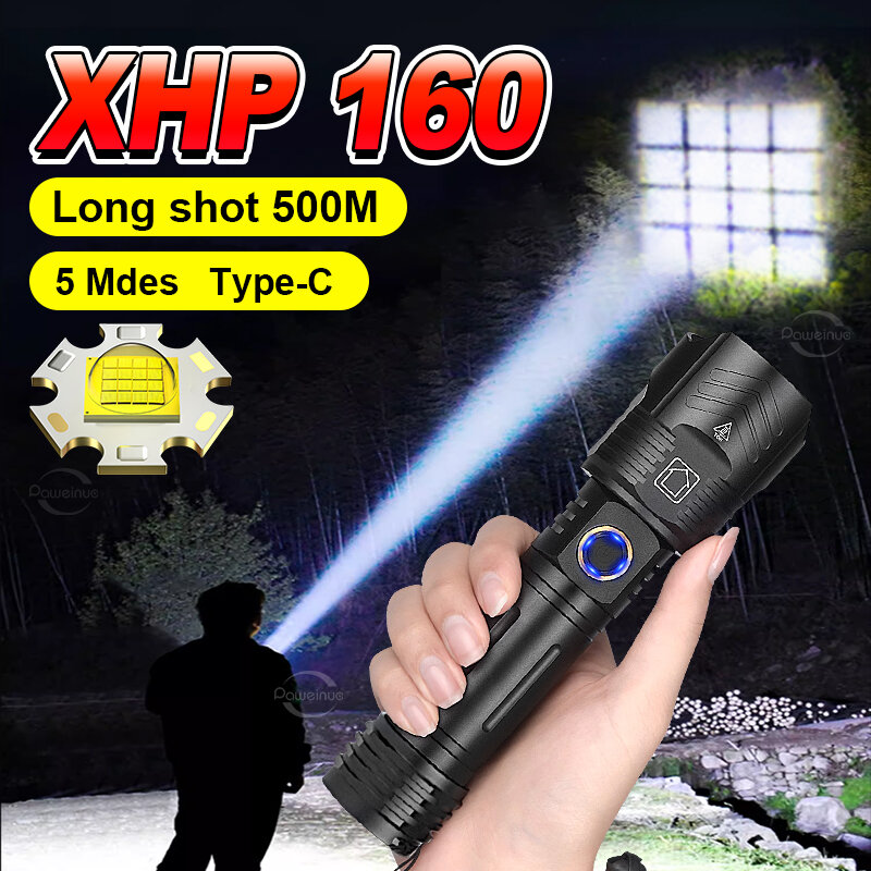 XHP160 슈퍼 고전력 충전식 LED 손전등 매우 강력한 5 모드 Type-C 충전 핸드 토치 램프 야외 LED 랜턴