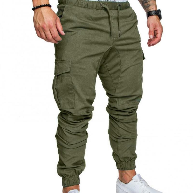 Męskie chude spodnie Cargo w jednolitym kolorze z kieszeniami wiązane na kostkę sportowe spodnie do biegania na siłownię spodnie treningowe odzież męska