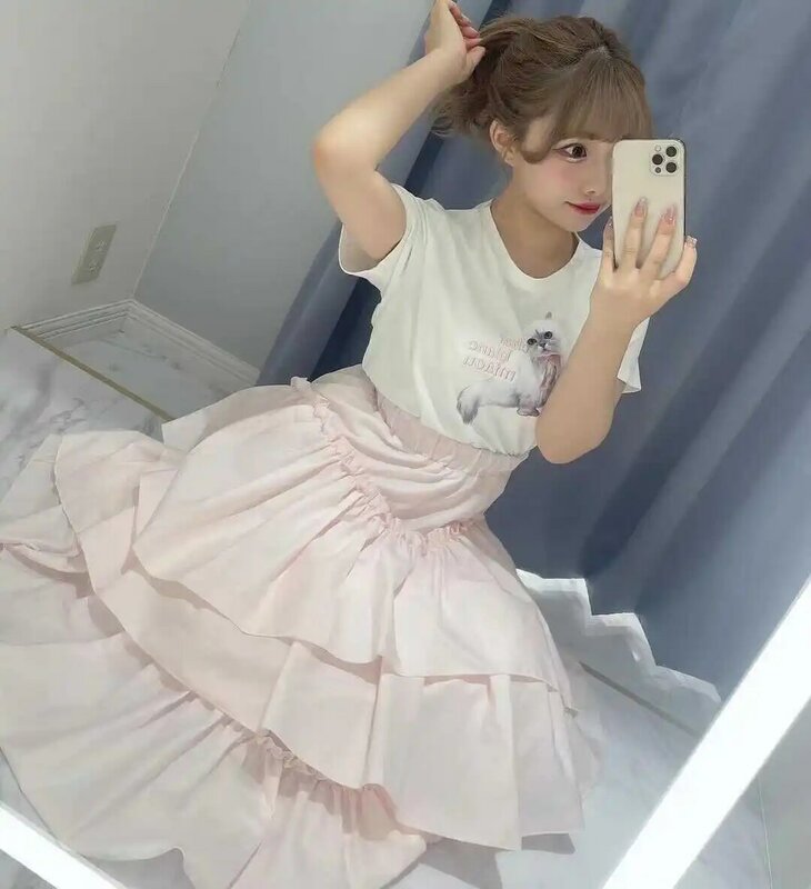 Saia Lolita estilo japonês para mulheres, em camadas, fada, babados, plissados, doces, longas, saias femininas, verão, novo, 2022