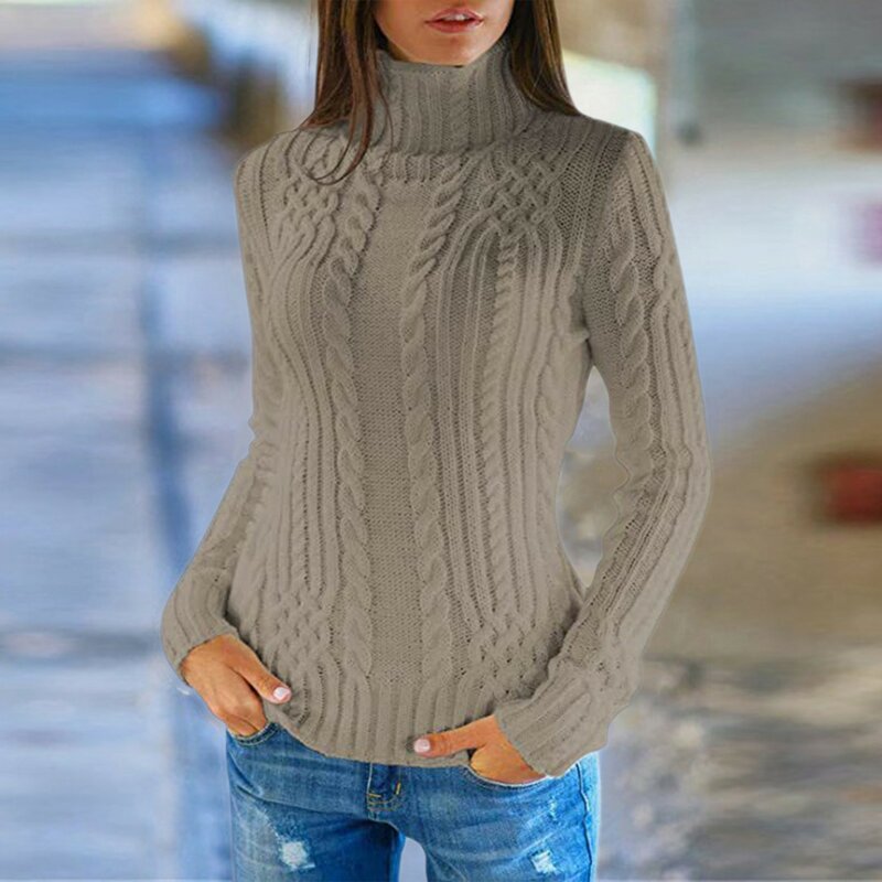 여성용 정사이즈 터틀넥 긴팔 니트 스웨터, 단색 기본 소프트 풀오버 스웨터, 가을 및 겨울