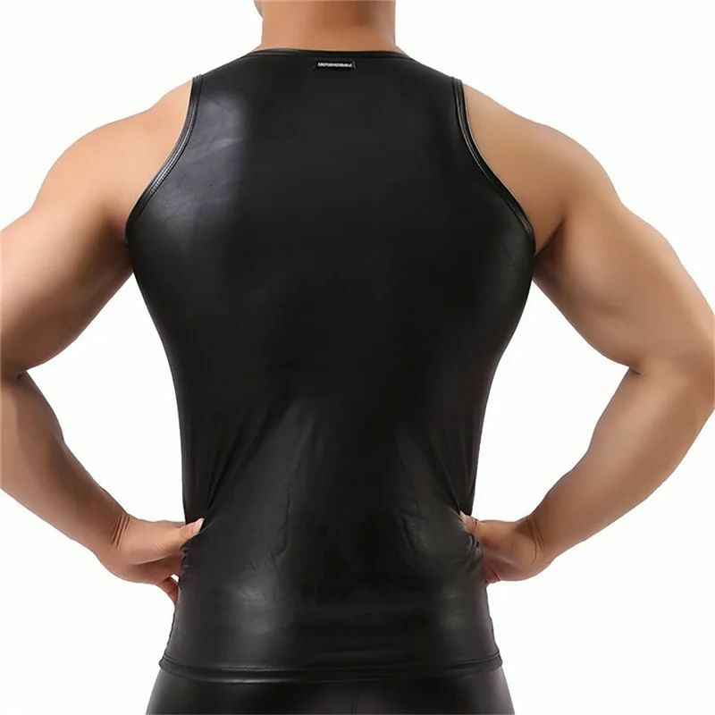 男性用のセクシーなPUレザータンクトップ,ノースリーブのセクシーなパターン,伸縮性のある柔らかいラテックスTシャツ,タイトな伸縮性のある下着文字