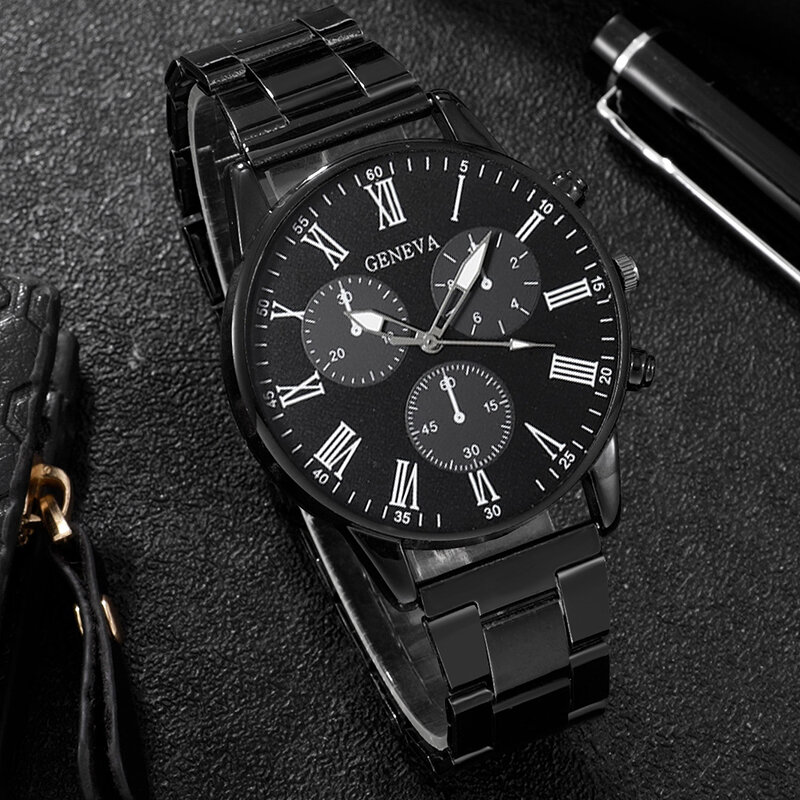 Relógio de pulso de quartzo de aço inoxidável masculino, Relógios de negócios para homens, pulseira preta casual, colar, moda, conjunto 3 peças