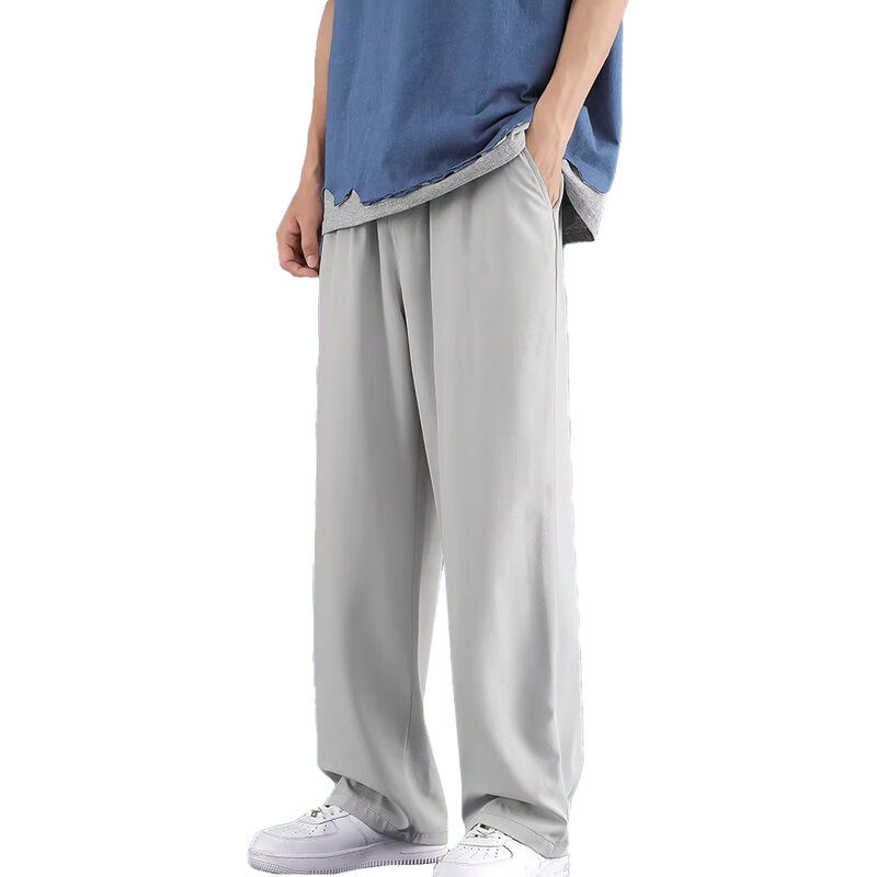 Celana olahraga pria, bawahan Joger nyaman bahan sutra es untuk olahraga Gym ukuran besar warna Solid, celana longgar kaki lebar pakaian kasual