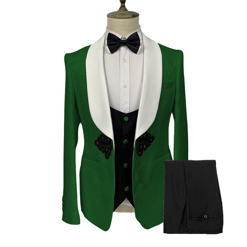 Men Suit 3 Pieces Slim Fit Formal Jacquard Plate Buckle Suitable For Wedding Banquet Groom Jacket Black Vest With Pants