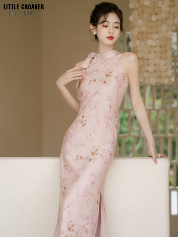 20223 Chinese Everyday Split Cheongsam Dress Pink Halter Neck New Chinese Autumn Dress Qipao Improved Cheongsam