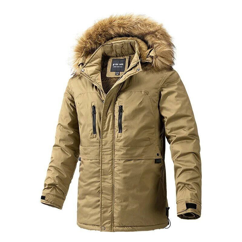 Jaqueta de parka de lã comprida masculina, gola grossa, chapéu destacável, casaco quente, à prova de vento, casual, moda masculina, inverno