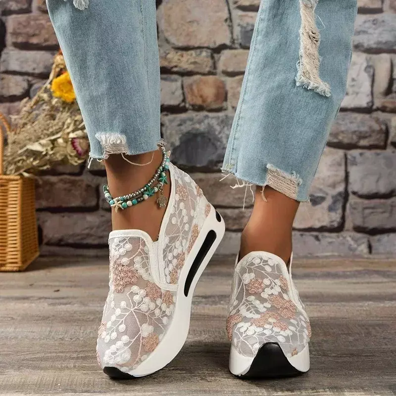 2024 Autumn Thick-soled Casual Shoes Female Wedge Casual Shoes Breathable Mesh Women Fashion Slip-on Women's Walking Zapatillas