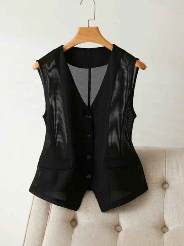 Black V-neck Mesh Short Vest Women's Summer 2024 New Slim Fit Design Feeling Sleeveless Thin Jacket