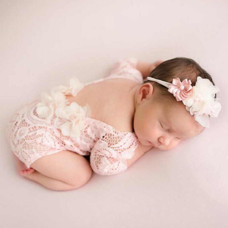 Newborn Girls Photography Lace Romper with Headband Infant Photography Props Newborn Girl Photoshoot Outfits Baby Showers Gifts