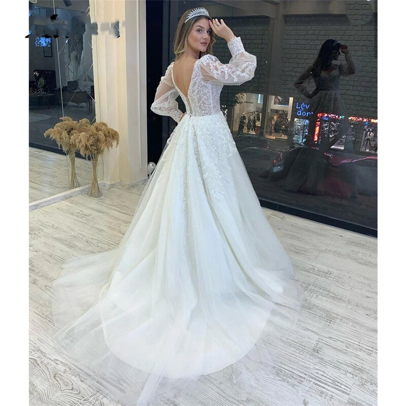Elegante Tulle Appliques pizzo scollo a v maniche lunghe 2024 abiti da sposa per donna Sweep Train abito da sera Vestidos De Noiva