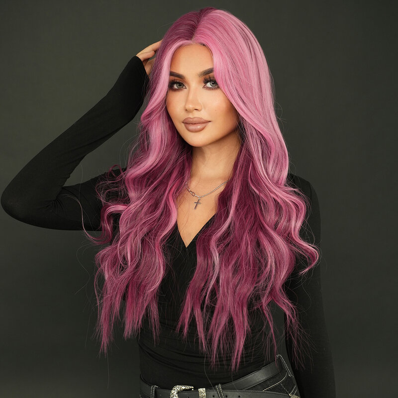 7JHH WIGS Synthetic Hair Wig Long Loose Wave Pink Highlight Purple Wig for Women Party Use High Density Fluffy Small HD Lace Wig