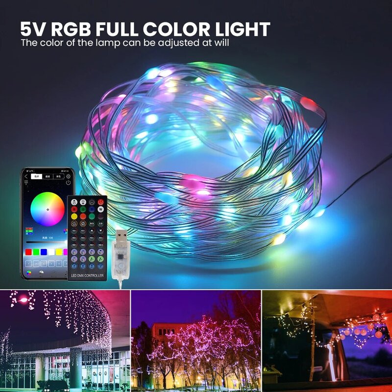 Guirlande lumineuse LED RGB intelligente, USB, avec télécommande, Bluetooth, application de contrôle, 5V, étanche, pour chambre à coucher, noël