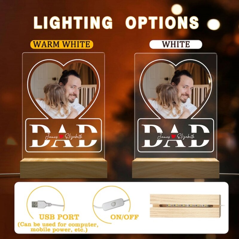 صورة شخصية ضوء ليلي للأب ، مصابيح طاولة ثلاثية الأبعاد ، ديكور للأب ، غرفة نوم ، أفضل أب ، هدية عيد ميلاد