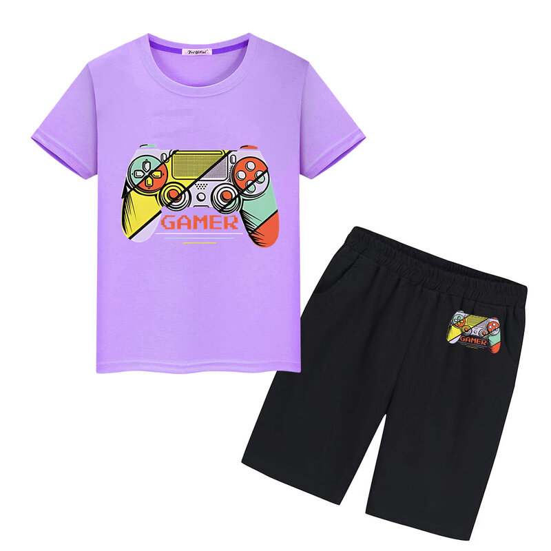 Conjuntos deportivos para niños y niñas, camisetas y pantalones cortos con estampado de gamepad, 100% algodón, ropa bonita, camisetas Kawaii, regalo de vacaciones