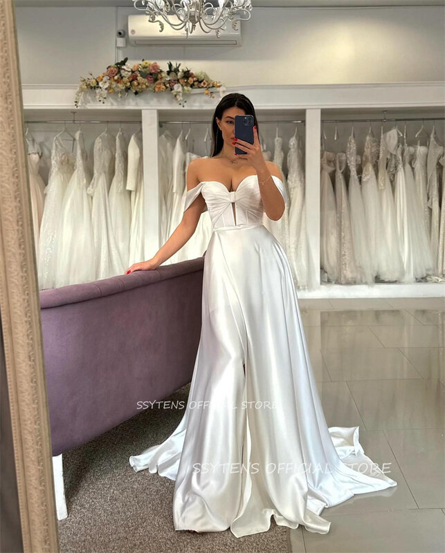 섹시한 솔리드 새틴 A 라인 웨딩 드레스, 신부 오프 숄더 롱 로브, 바닥 길이 2024 신부 드레스