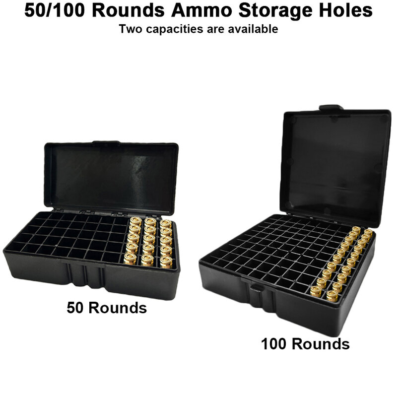 쉘 거치대 휴대용 탄약 상자, 50/100 라운드 총알 상자, 총 카트리지, 플립 탑, 9mm .223 .38 탄약 사냥 액세서리