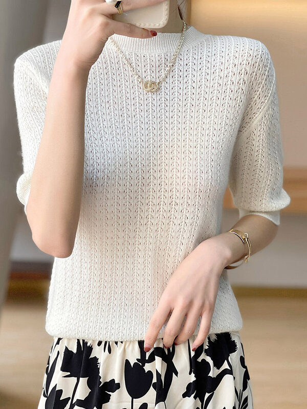 Round Necked Hollow Pullover Sweater Short Sleeved Soft T-Shirt For Women's Summer Fashion Lightweight 100% Wool Knitwear Tops