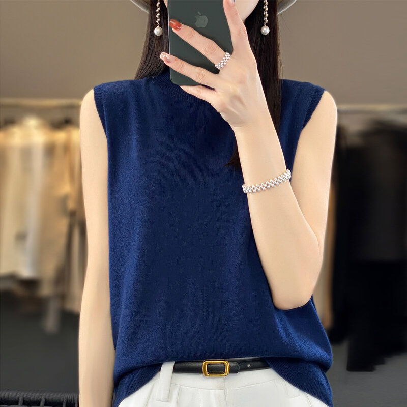 Spring and summer new 100% pure wool sleeveless semi-high loose casual basic knitted sweater