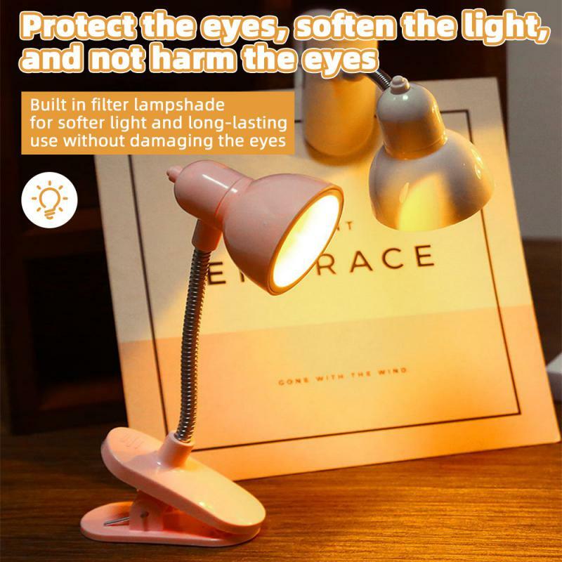 LED 눈 보호 책 야간 조명, 조정 가능한 미니 클립온 스터디 데스크 램프, 배터리 전원, 여행 침실 독서용 유연함