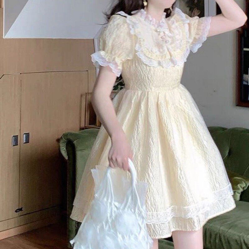 Sukienki damskie słodkie z krótkim rękawem w stylu Vintage delikatna uliczna kokardka młodzieńcza letnia Lolita uczennice Kawaii moda styl japoński