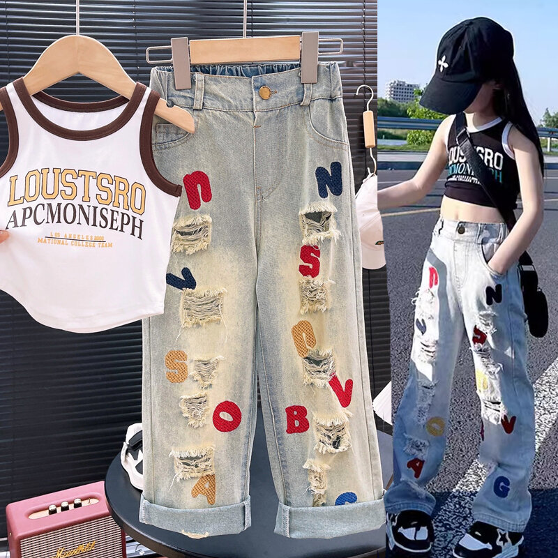 2024 Summer New Girls Clothing Set Slim Fit Style Letter Sleeveless Tops+Letter Print Ripped Jeans 2Pcs Fashion Suit For 4-12Y