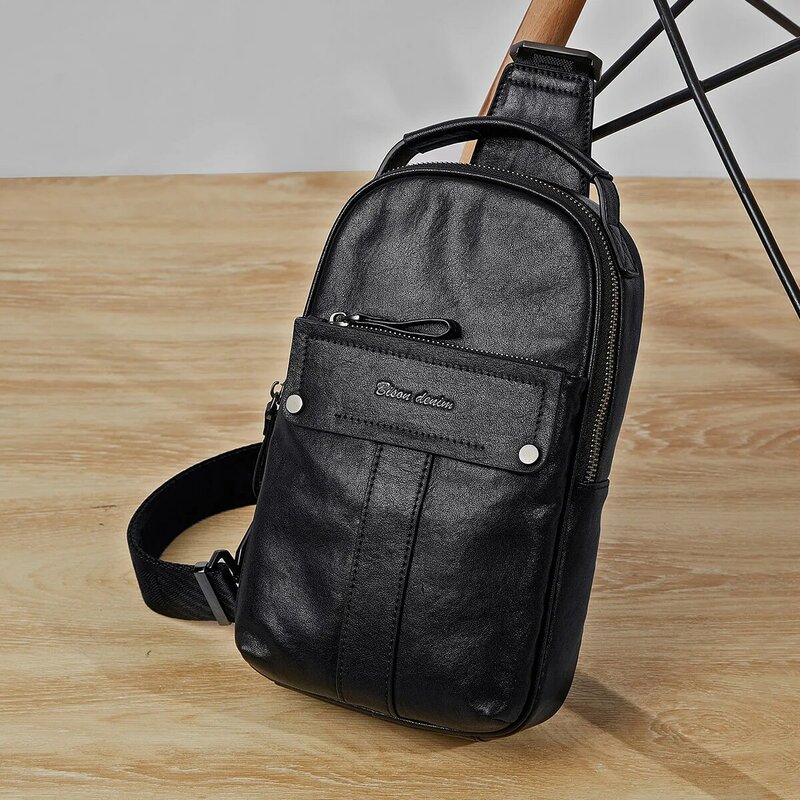 BISON DENIM New Designer Cowhide Leather Chest Bag Vintage Fashion Crossbody Men's Business Bag Travel Casual Shoulder Bag