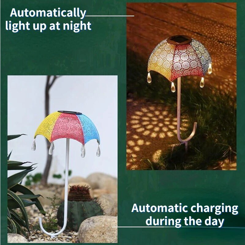 Solar Umbrella Art Lamp IP65 Waterproof Lawn Lamp Hollow Out Projection Lamp Auto On/Off Landscape Lamp for Yard/Pathway Decor