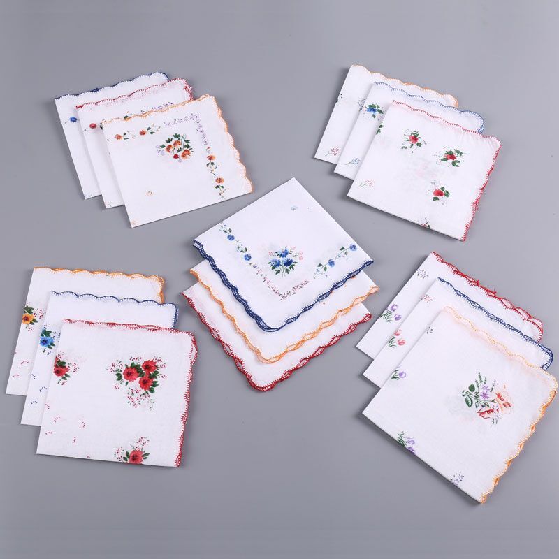 12pcs 28X28CM Women's Cotton Handkerchiefs Assorted with Wavy Edge and Print Floral Flowers Hanky Cotton Handkerchief