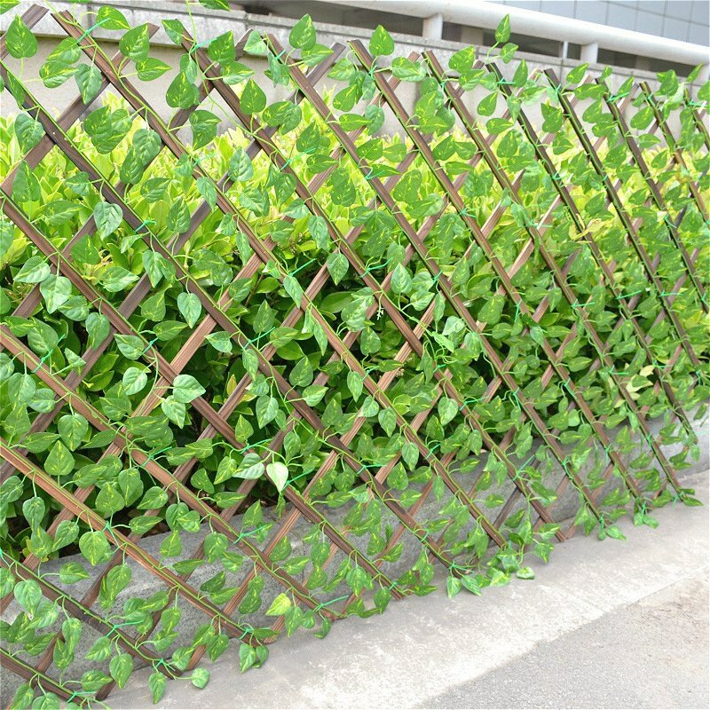 2X Retractable Artificial Garden Fence Expandable Faux Ivy Privacy Fence Wood Vines Climbing Frame Gardening Plant