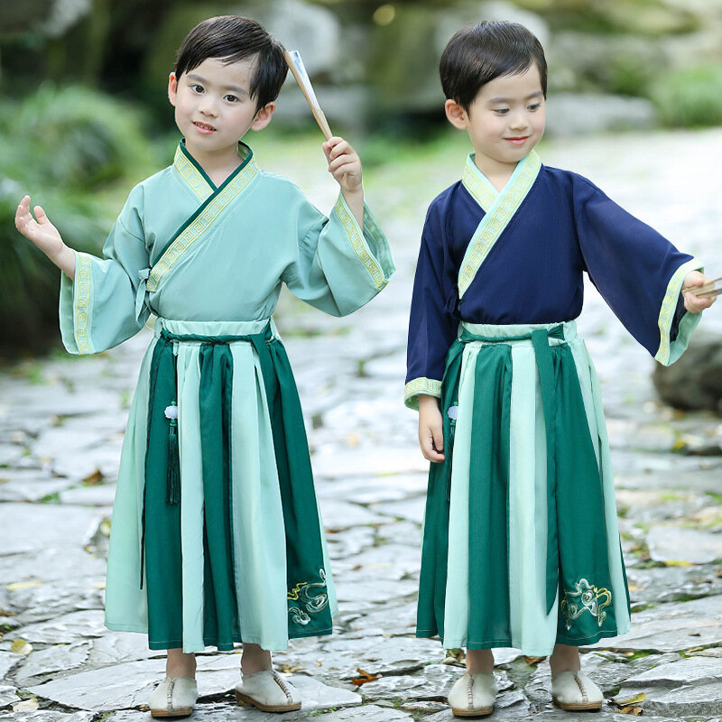 Костюм ханьфу для девочек и мальчиков в китайском стиле из двух предметов, унисекс, Женский костюм Тан, костюм с вышивкой в стиле пэньчворк, для выступления в старинном стиле
