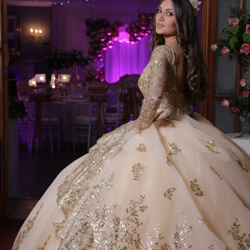 Messico Champagne paillettes abiti da sposa o-collo oro Applique in rilievo Prom Ball Gowns Ruffle Wedding Luxury Sweet Bride Dress 2024