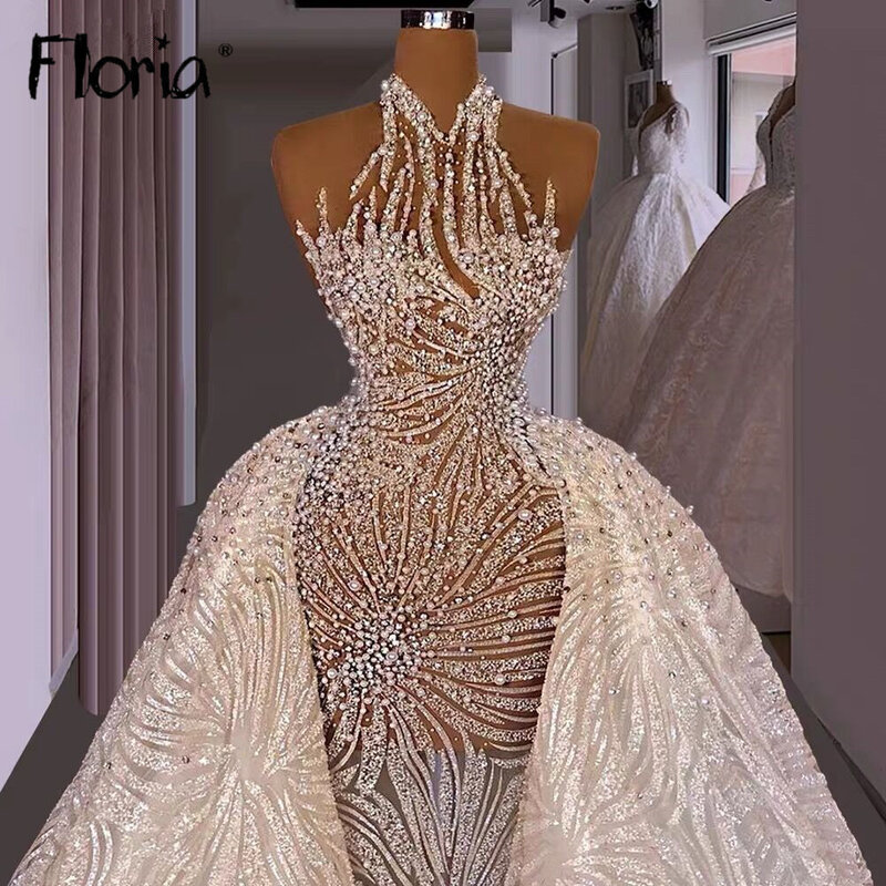 Vestido de novia de lujo de ilusión blanca con tren desmontable, personalizado para novia, Dubai, perlas 2024, vestidos de novia, cola de corte