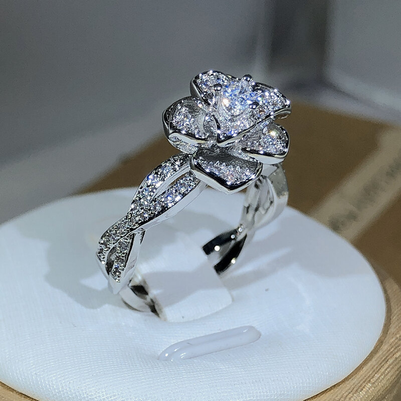 925 prata esterlina entrelaçada tridimensional rosa anel branco zircão completo diamante anel senhoras temperamento elegante jóias