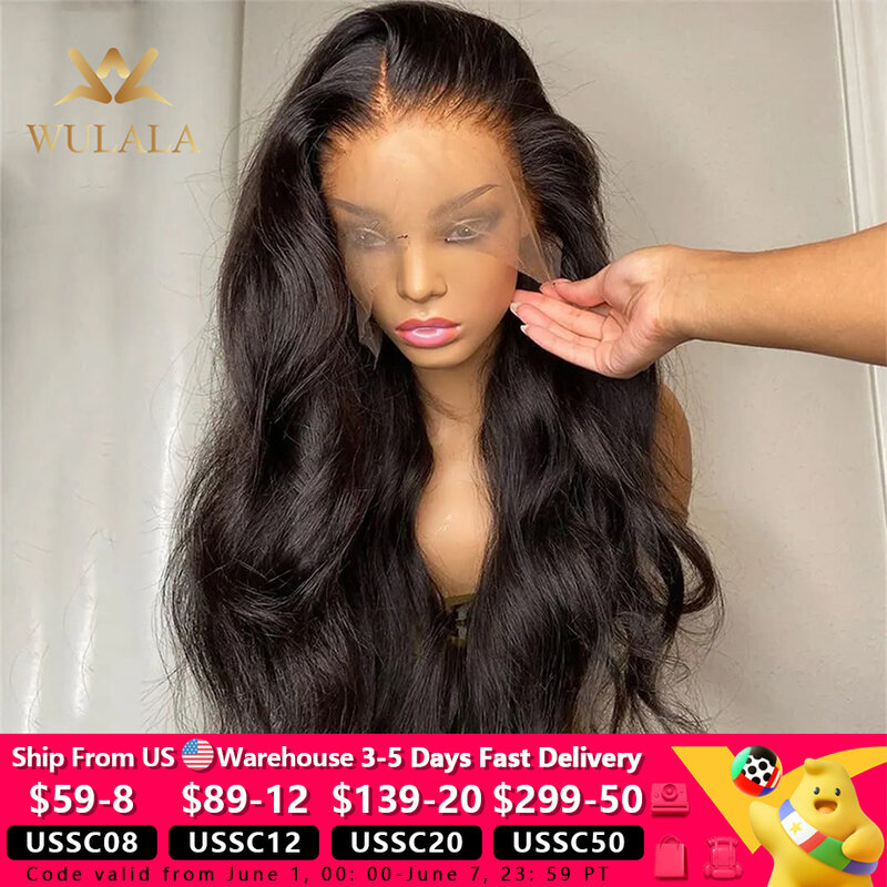 Wulala-peruca de onda corporal para mulheres, frontal de renda transparente, 13x4, 13x6, cabelo humano, 360, brasileiro, pré-arrancado, 4x4, 5x5