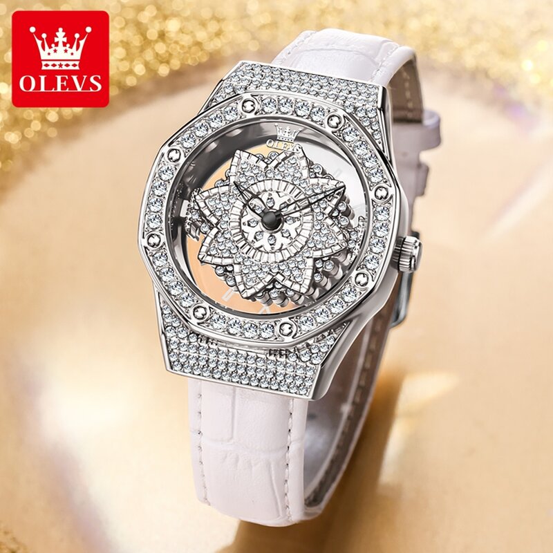 แบรนด์ OLEVS นาฬิกาควอทซ์สำหรับแฟชั่นสำหรับผู้หญิงเพชรสุดหรูสายหนังกันน้ำนาฬิกาแฟชั่นเงินบุรุษ relogio feminino