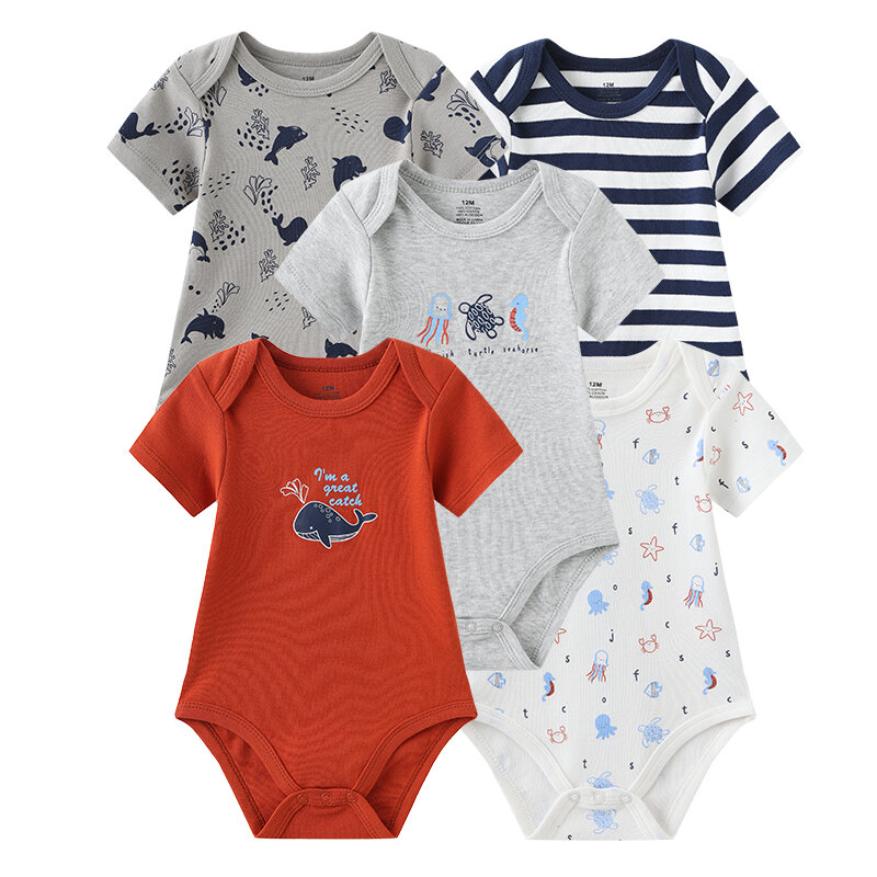 5 pezzi tute Unisex 2023 vestiti per neonata vestiti per neonato in cotone Set di vestiti per neonato con stampa in tinta unita abiti estivi