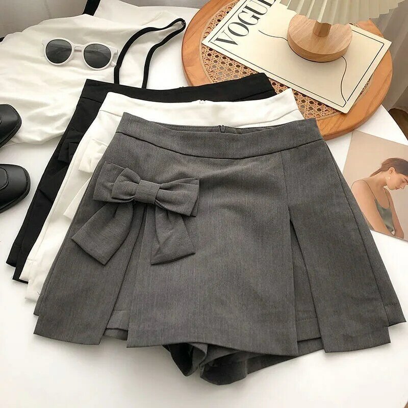 Юбка-кюлот с бантом для девушек, дизайнерская трапециевидная юбка-слаксы, универсальная приталенная короткая юбка с завышенной талией, серого цвета, в уличном стиле, на лето