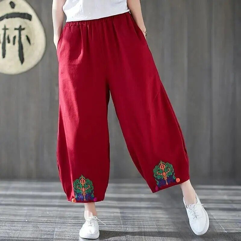 Pantalones de pierna ancha para mujer, ropa holgada de estilo chino, con cintura elástica bordada, Estilo Vintage, primavera y otoño, 2023